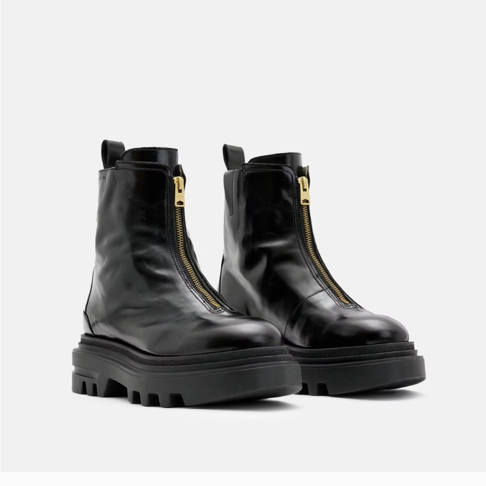 All Saints Black Leather Moto Boots with Gold Accent